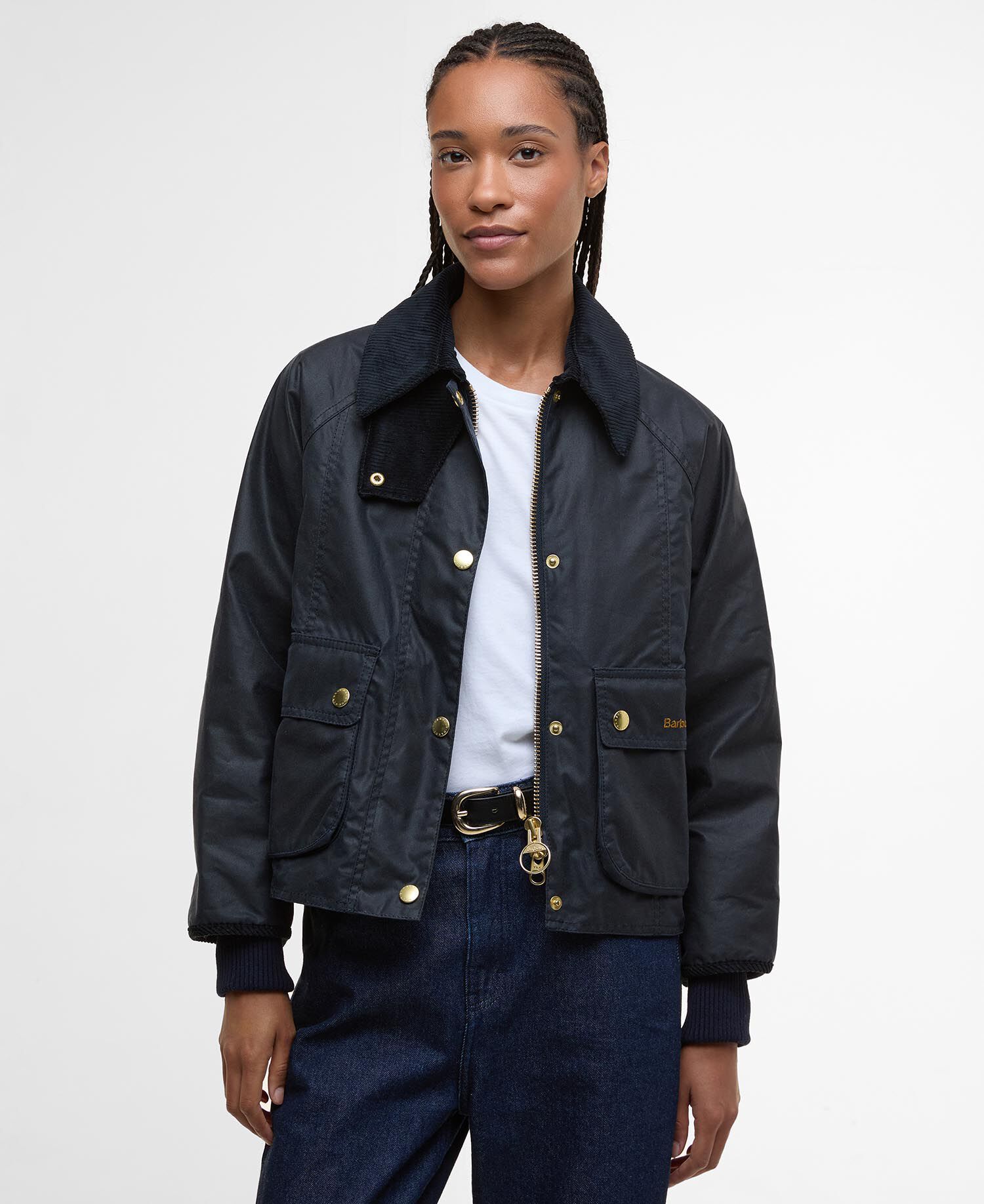 Barbour Cropped Beadnell Waxed Jacket in Navy